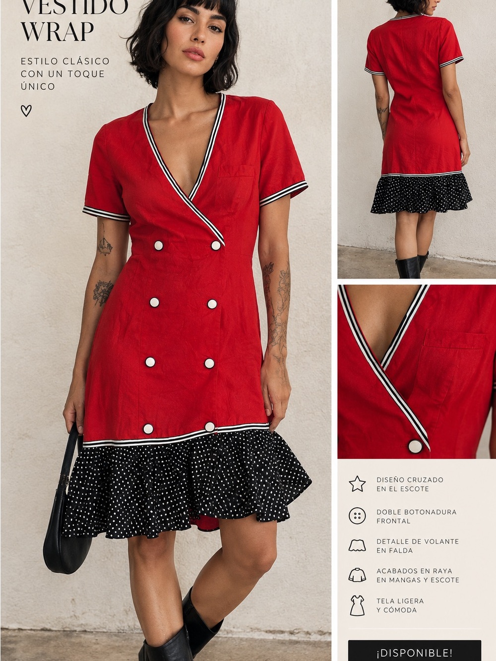 Red Wrap-Style Midi Dress with Polka Dot Ruffle